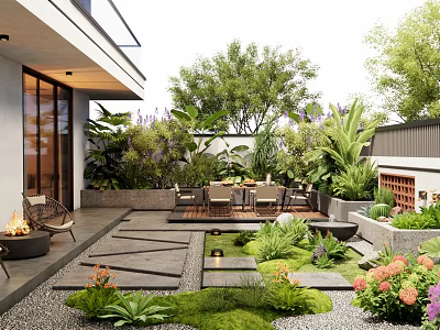 Modern Outdoor Garden With Patio Seating Lush Greenery Stone Pathway And Fire Pit 3d model