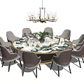 Modern Elegant Round Dining Table Set With Light Gray Chairs Chandelier Tableware Greenery Vase 3d model