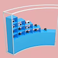 Blue Curved Event Display Wall With White Frame And Black Small Items On Pink Background