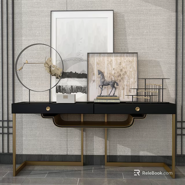 Black Console Table with Gold Accents Decorative Sculptures and Framed Art in Modern Entryway 3d model 