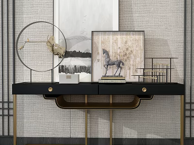 Black Console Table with Gold Accents Decorative Sculptures and Framed Art in Modern Entryway 3d model