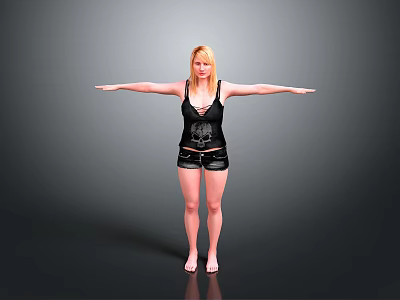 Blonde Woman In Black Tank Top And Shorts With Arms Outstretched Barefoot On Gray Background 3d model