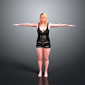 Blonde Woman In Black Tank Top And Shorts With Arms Outstretched Barefoot On Gray Background