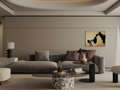Modern Living Room Interior Design With Gray Sofa Pillows Round Coffee Table And Wall Art 3d model