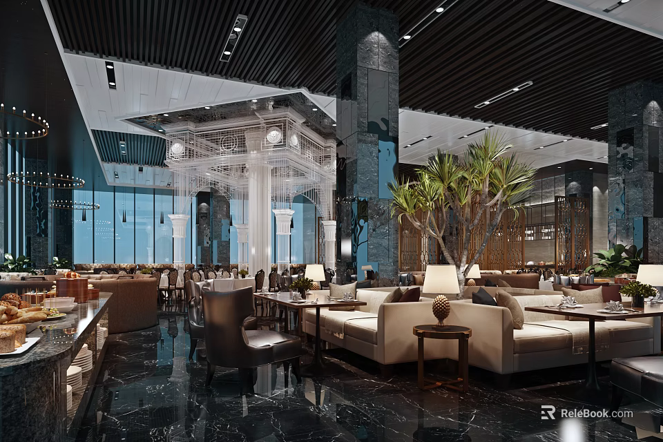 Modern Restaurant Interior With Open Layout Marble Accents Pendant Lights And Green Plants 3d model 