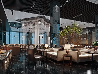 Modern Restaurant Interior With Open Layout Marble Accents Pendant Lights And Green Plants 3d model