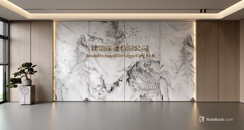 Modern Architectural Design Feature Wall With Natural Marble Texture And Company Logo In Office Lobby 3d model 