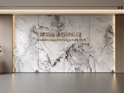 Modern Architectural Design Feature Wall With Natural Marble Texture And Company Logo In Office Lobby 3d model