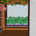 Beautiful Courtyard Garden Featuring Wooden Pergola with Green Vines Pink Flowers and Bamboo