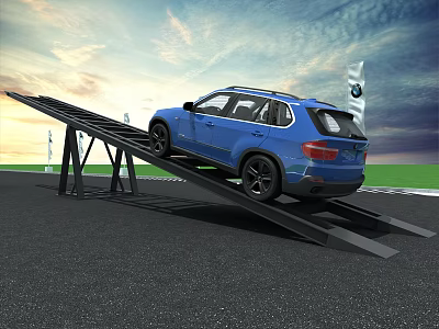 Blue BMW SUV Climbing Outdoor Test Ramp in Scenic Sky Background 3d model