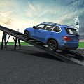 Blue BMW SUV Climbing Outdoor Test Ramp in Scenic Sky Background