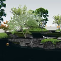 Tranquil Waterfront Landscape With Trees Rocks Pathways And Reflections On Water Surface