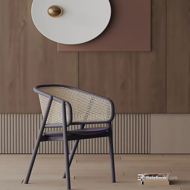 Modern Minimalist Dining Chair With Rattan Back And Metal Frame Against Wooden Wall 3d model 