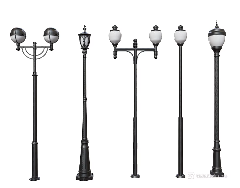 Different Styles Of Outdoor Lights With Black Lamp Posts And Decorative Lampshades 3d model 