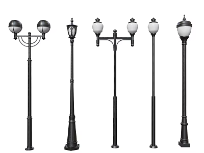 Different Styles Of Outdoor Lights With Black Lamp Posts And Decorative Lampshades 3d model