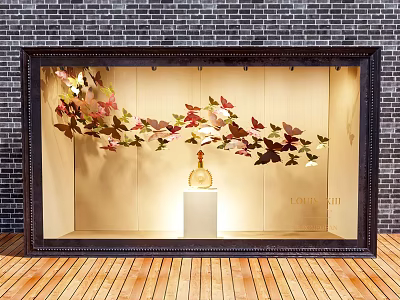 Elegant Window Display With Colorful Butterfly Decorations And Glass Bottle On White Pedestal 3d model