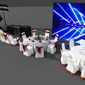 Elegant Banquet Table Setup With White Chair Covers Colored Bows Blue Lighting And Large Screen