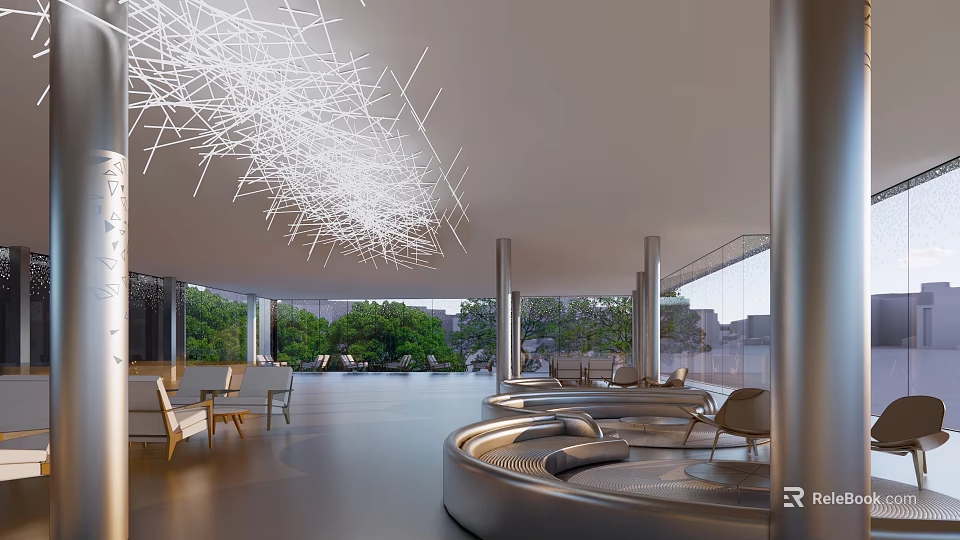Modern Sales Office Building Interior With Ceiling Art Installation Comfortable Seating And Greenery View 3d model 