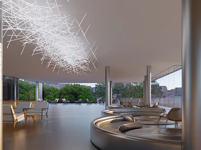 Modern Sales Office Building Interior With Ceiling Art Installation Comfortable Seating And Greenery View 3d model