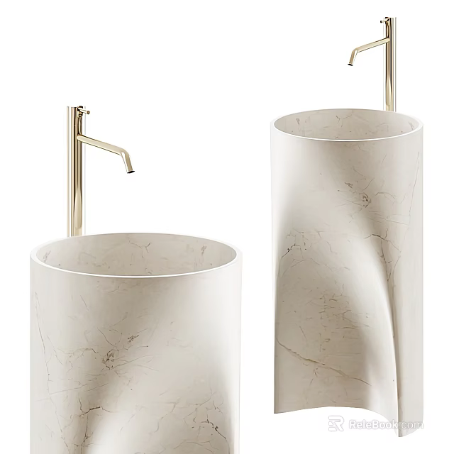 Elegant Modern Cylindrical Marble Washbasins With White Veins And Golden Faucets 3d model 