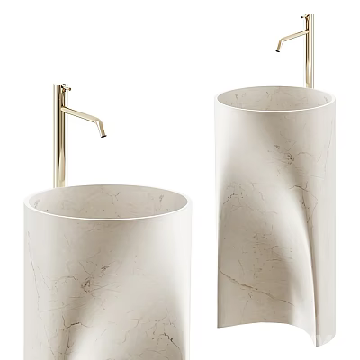 Elegant Modern Cylindrical Marble Washbasins With White Veins And Golden Faucets 3d model