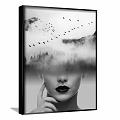 Black and White Portrait Painting featuring female face with misty mountains and flying birds