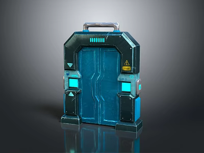 Sci Fi Style Metal Case With Blue Door Handle Warning Sign And Blue Display Panels 3d model