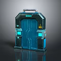 Sci Fi Style Metal Case With Blue Door Handle Warning Sign And Blue Display Panels