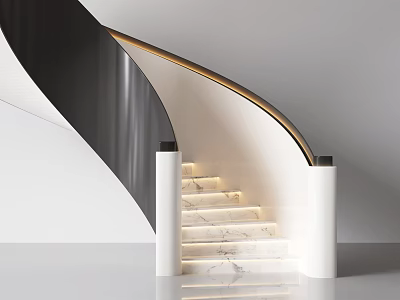 Illuminated Modern Spiral Staircase With Black Curved Railing And White Marble Steps 3d model