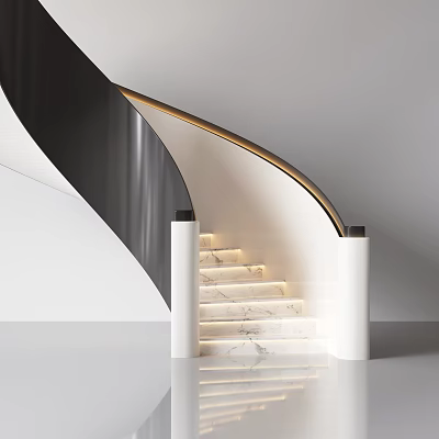 Illuminated Modern Spiral Staircase With Black Curved Railing And White Marble Steps 3d model