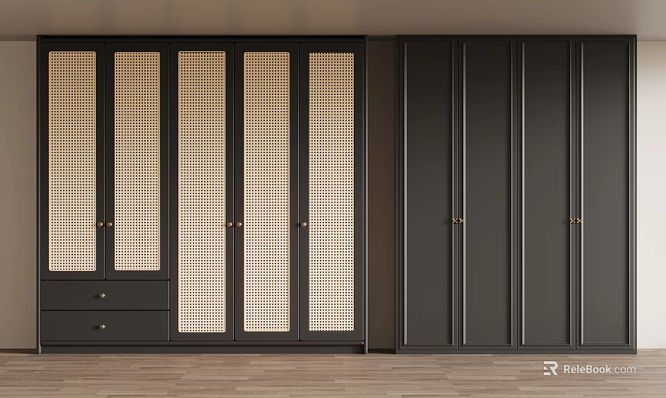 Modern Wardrobe Design With Rattan Panel Doors Black Cabinet Doors And Drawers 3d model 
