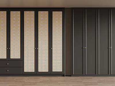 Modern Wardrobe Design With Rattan Panel Doors Black Cabinet Doors And Drawers 3d model