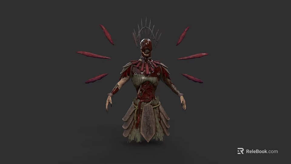 Skeleton Warrior Character With Spiked Crown Red Blades And Ornate Armor 3d model 