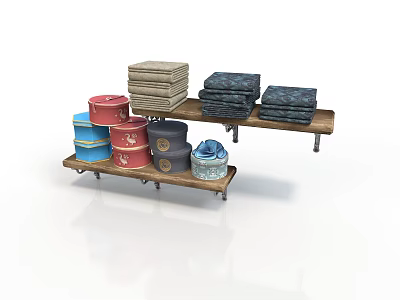 Rustic Wooden Shelf With Stacked Fabrics And Colorful Decorative Boxes 3d model
