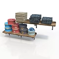 Rustic Wooden Shelf With Stacked Fabrics And Colorful Decorative Boxes