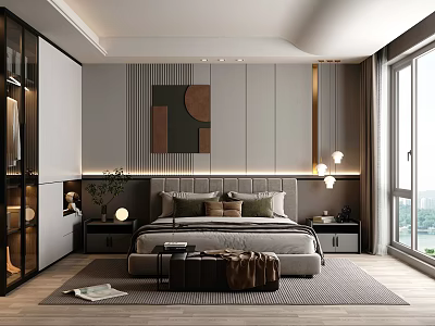 Modern Bedroom Interior With Large Windows Glass Door Wardrobe Bedside Lamps Wall Art And Rug 3d model