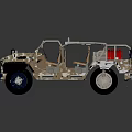 Military Vehicle Camouflage Patterned Open Top Design With Brown Seats Large Tires And Equipment