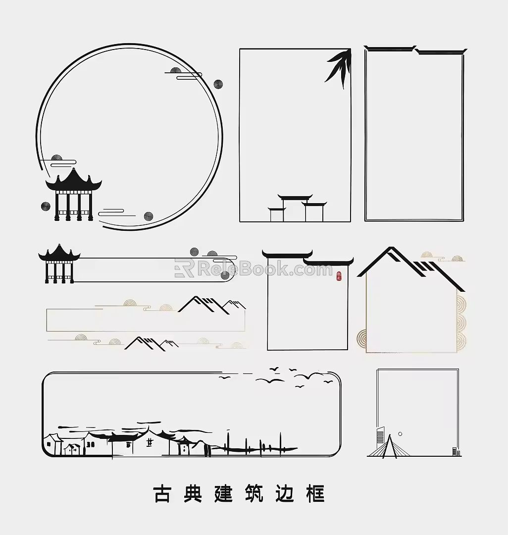 Chinese Classical Architecture Border Decorative Frame Landscape Pagoda Jiangnan House Decorative Pattern 3d model