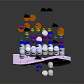 Purple Grid Surface With Colorful Small Spheres And Floating Black Objects