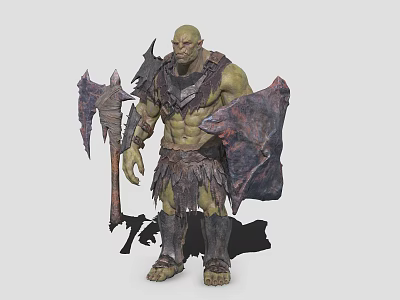 Orc Warrior Game Movie Character With Green Skin Muscular Build Leather Armor Axe And Shield 3d model