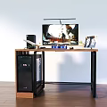 Modern Home Office Desk Setup With Monitor Speakers Potted Plant Photo Frame And PC Tower