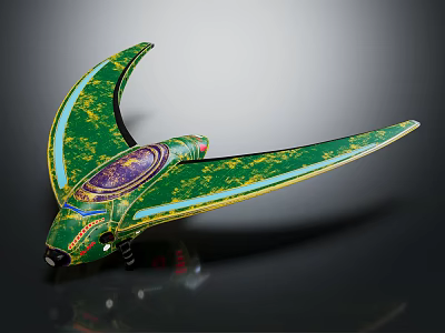 Green Winged Decorative Artifact With Purple Circular Ornament And Intricate Patterns 3d model