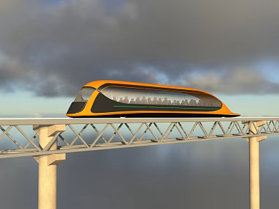 Orange and Black High Speed Train Traveling on Elevated Track Under Cloudy Sky 3d model