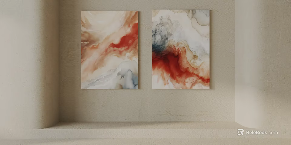 Two Abstract Paintings With Red Beige Gray Tones On Beige Wall Decor 3d model 