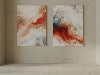 Two Abstract Paintings With Red Beige Gray Tones On Beige Wall Decor 3d model