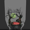 Mystical Witch And Twisted Vine Creature By Cauldron With Red Liquid Under Green Moon Eye