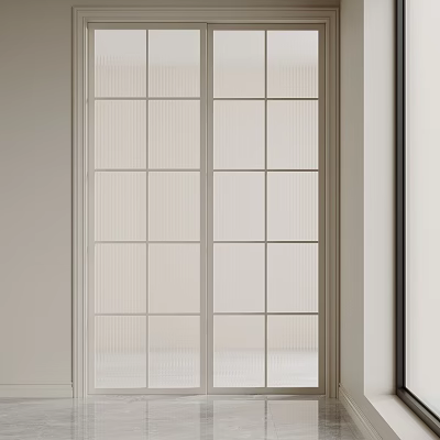 Modern Interior Sliding Doors With Grid Glass Panels And White Frame Design 3d model