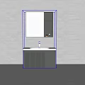 Minimalist Bathroom Vanity With White Countertop Gray Striped Cabinet Mirror And Open Shelves