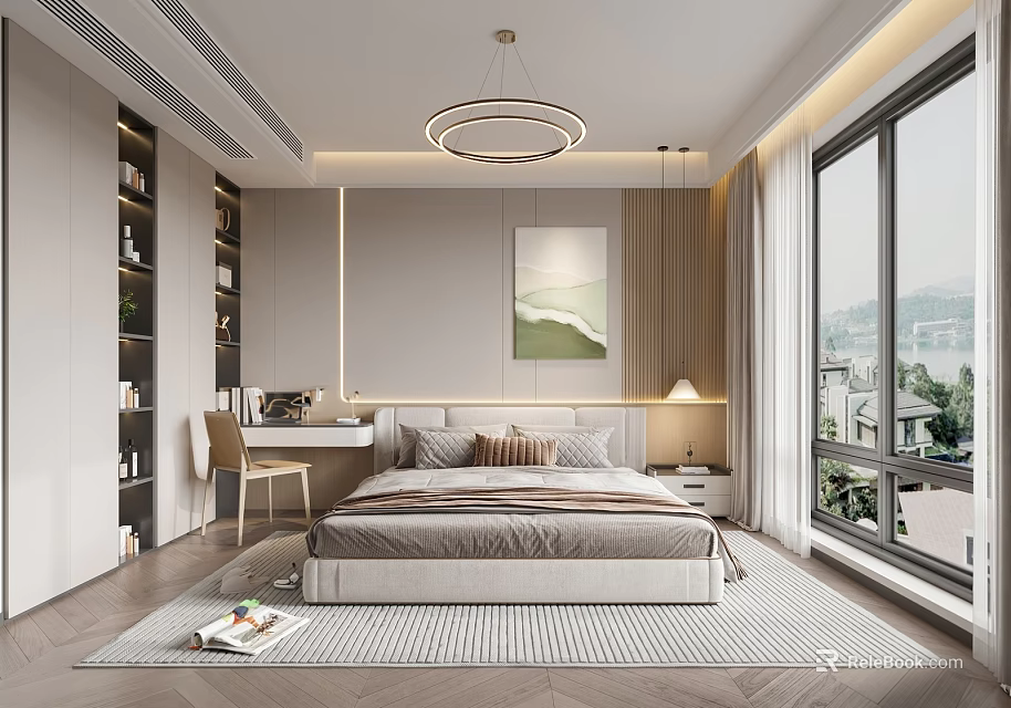 Modern Minimalist Bedroom Interior Design With Platform Bed Bookshelf Area Rug And Scenic Window 3d model 