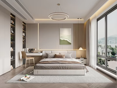 Modern Minimalist Bedroom Interior Design With Platform Bed Bookshelf Area Rug And Scenic Window 3d model